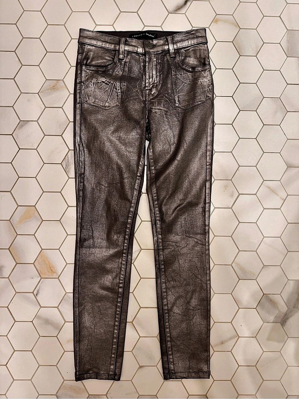 J Brand for Neiman Marcus Super Skinny Mid Rise Chrome Crinkle Jeans Coated